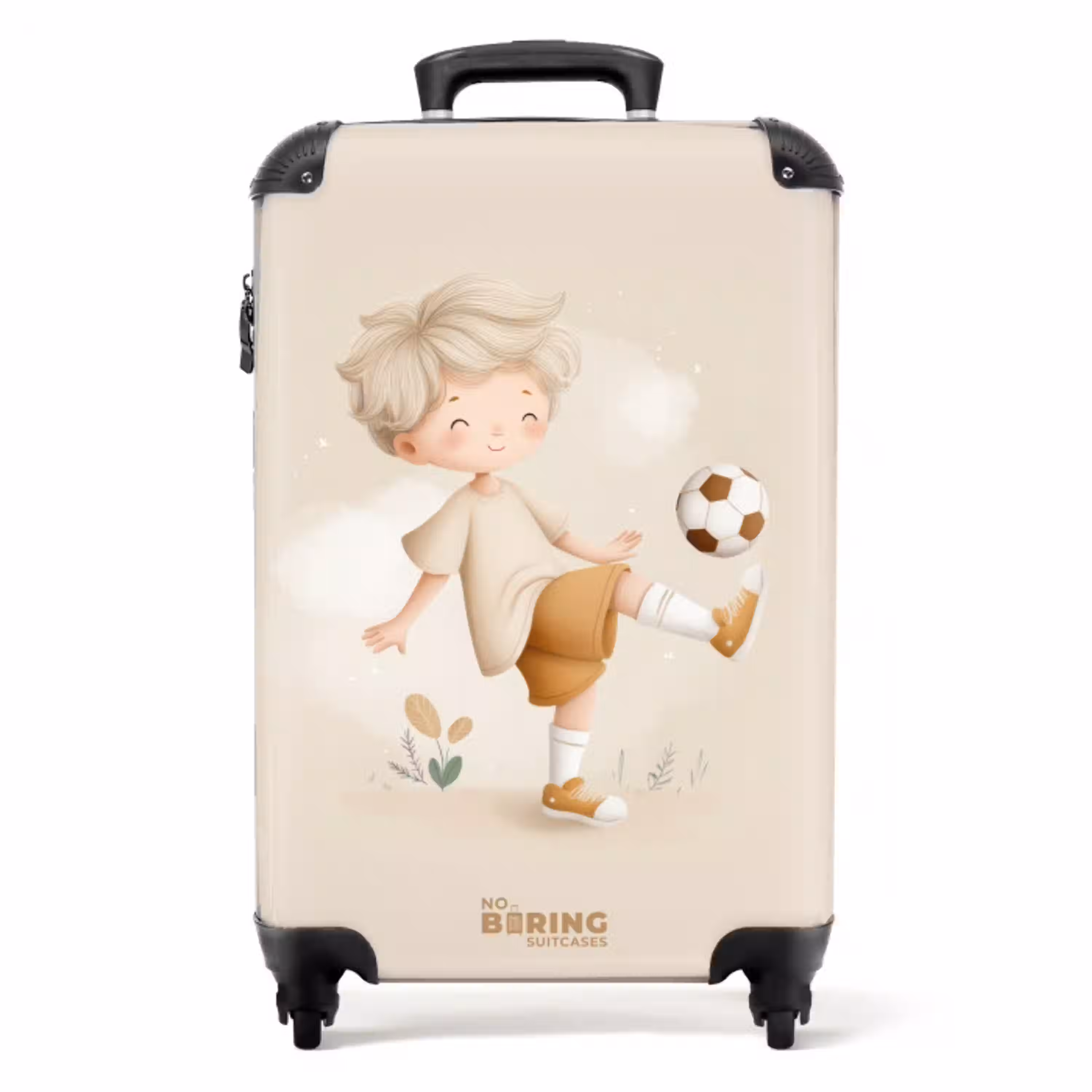 Jongen met een voetbal in beige kleuren NBS - Handbagage koffer - Volwassenen Unisex middel -productfoto_recht