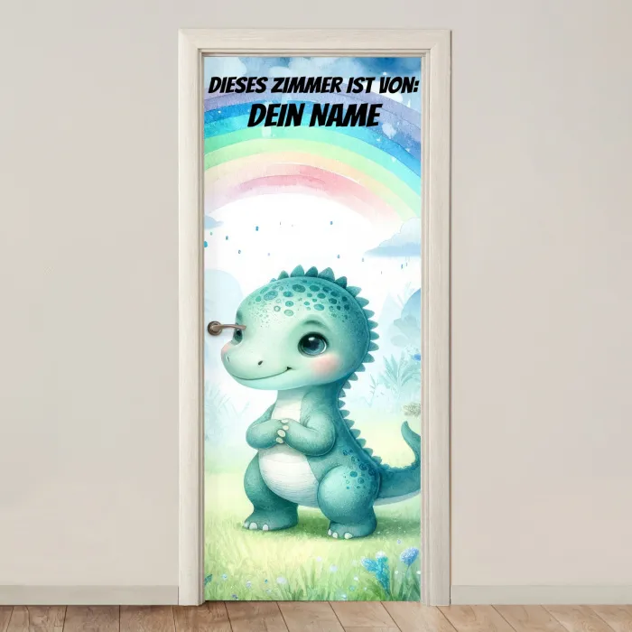 Niedlicher Dino unter Regenbogen im Aquarellstil. deurposter klein -3d_beige