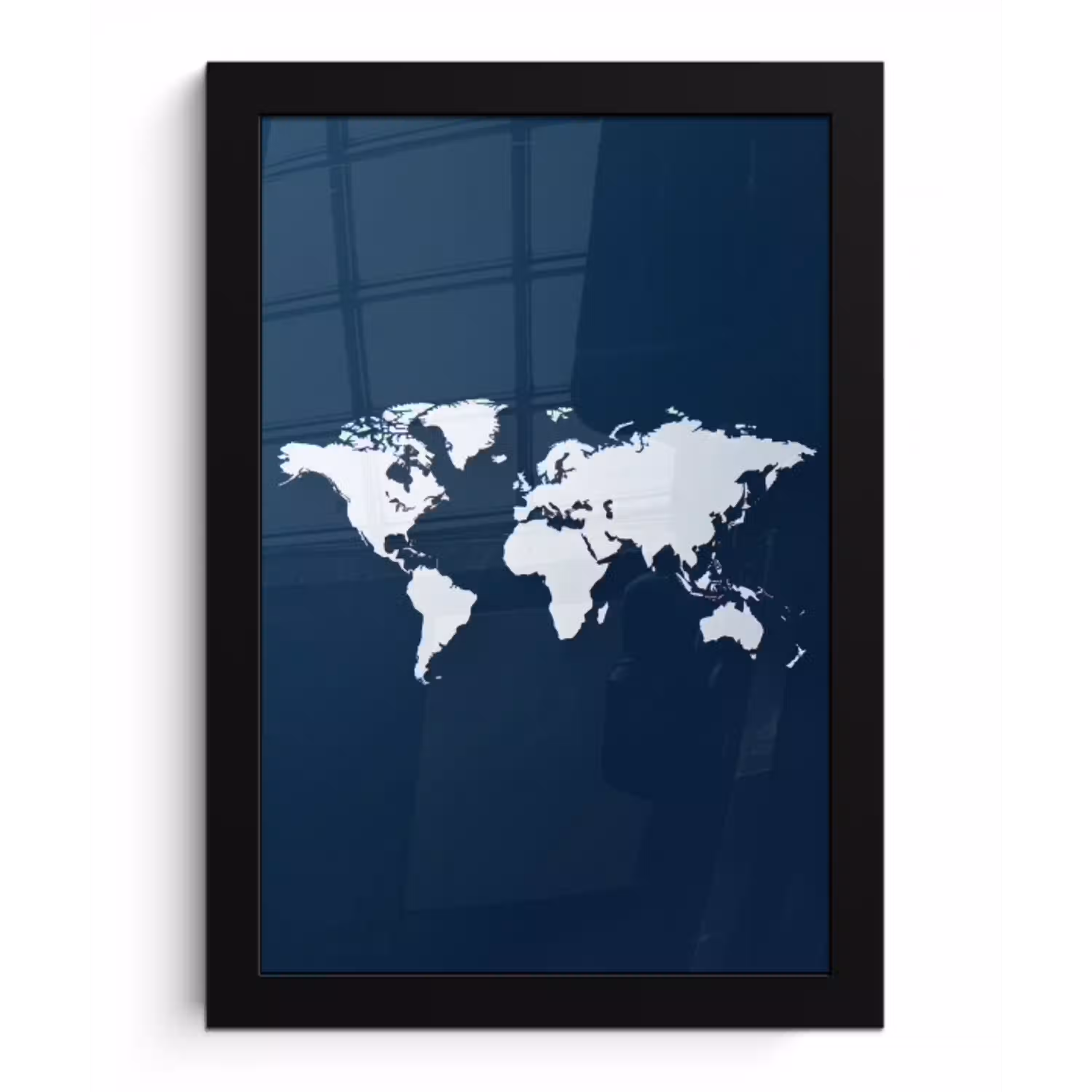 Blauw - Wereldkaart - Modern - Wit fotolijst zwart zonder passe partout klein -3d