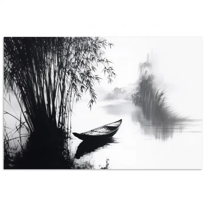Boot - Rivier - Bamboe - Wit poster papier klein -3d