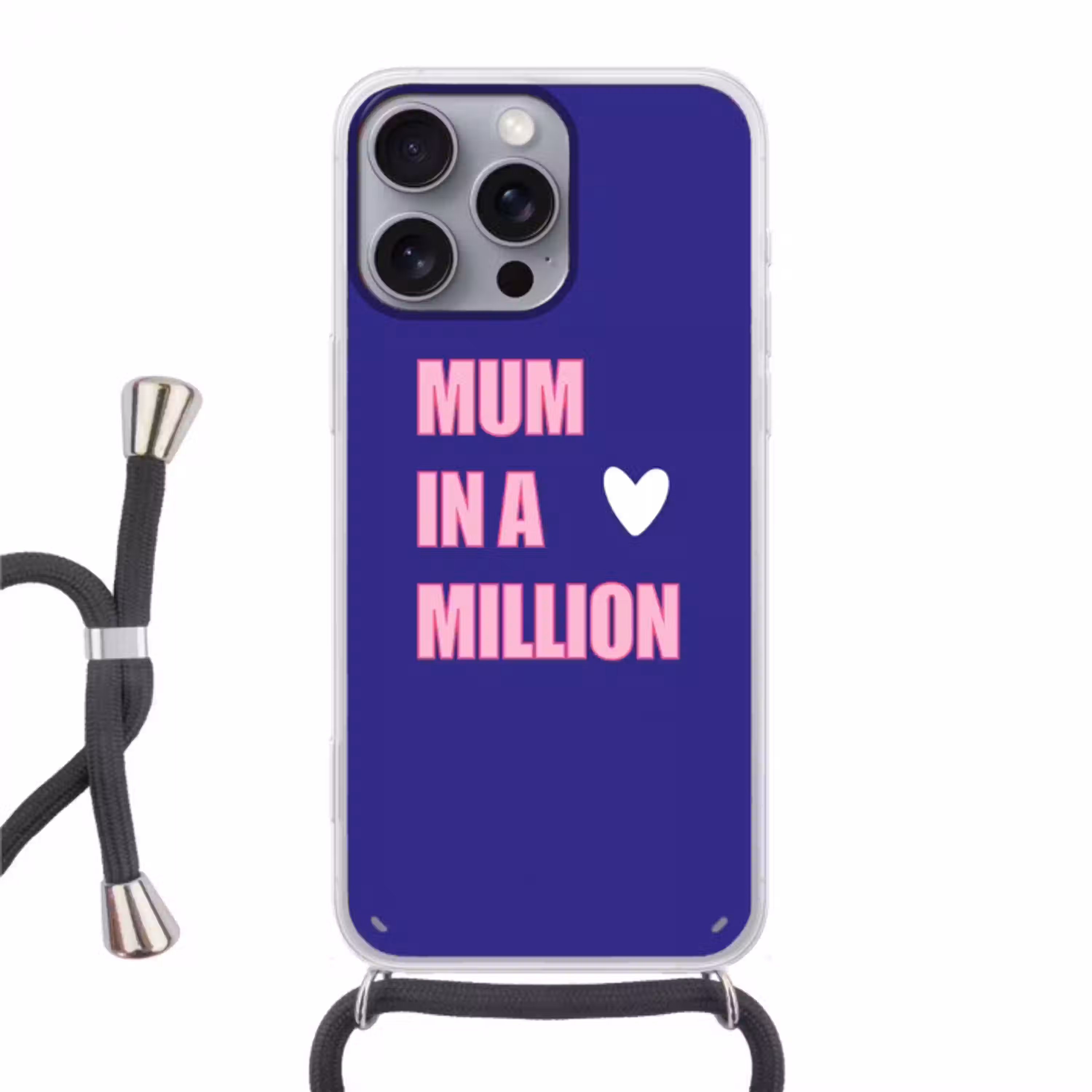 Moeder - Tekst - Blauw - Hartje Hoesje iPhone 16 Pro Max met koord klein -3d