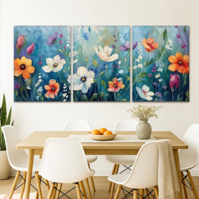 Meerluik schilderij - 3 luiken - Bloemen - Kleurrijk - Blauw - Natuur