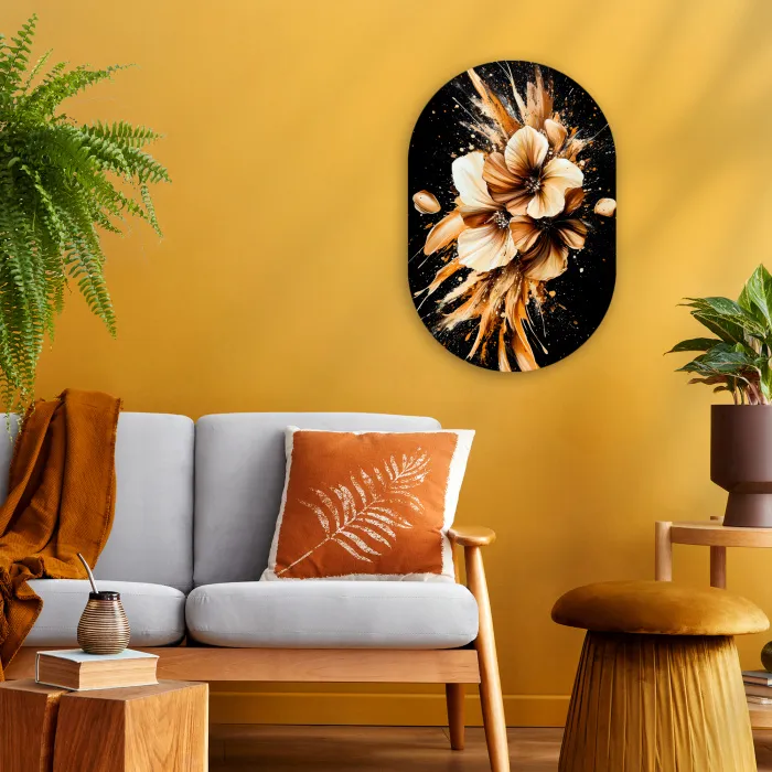 Bloemen - Goud - Graffiti - Zwart - Abstract Wandcirkel Ovaal Forex klein -sfeer4