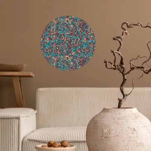 Spat - Abstract - Oranje - Groen Wandcirkel behangsticker klein 186 -sfeer1