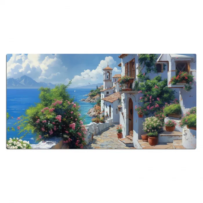 Huizen - Zee - Bomen - Bloemen Muismat XXL klein -3d_leeg