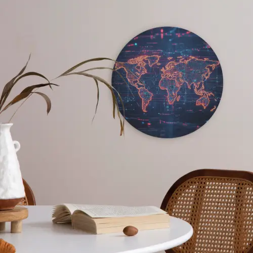 Wereldkaart - Futuristisch - Oranje Akoestische PET Vilt - Rond klein -sfeer3