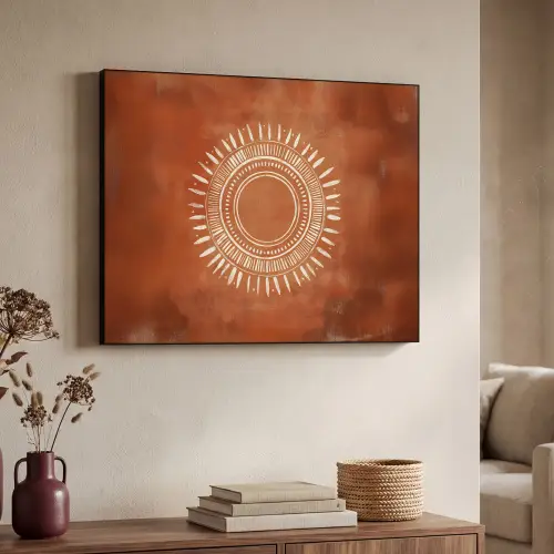 Abstract - Lijnen - Zonnestralen - Roodbruin Textielframe - compleet frame klein -sfeer3