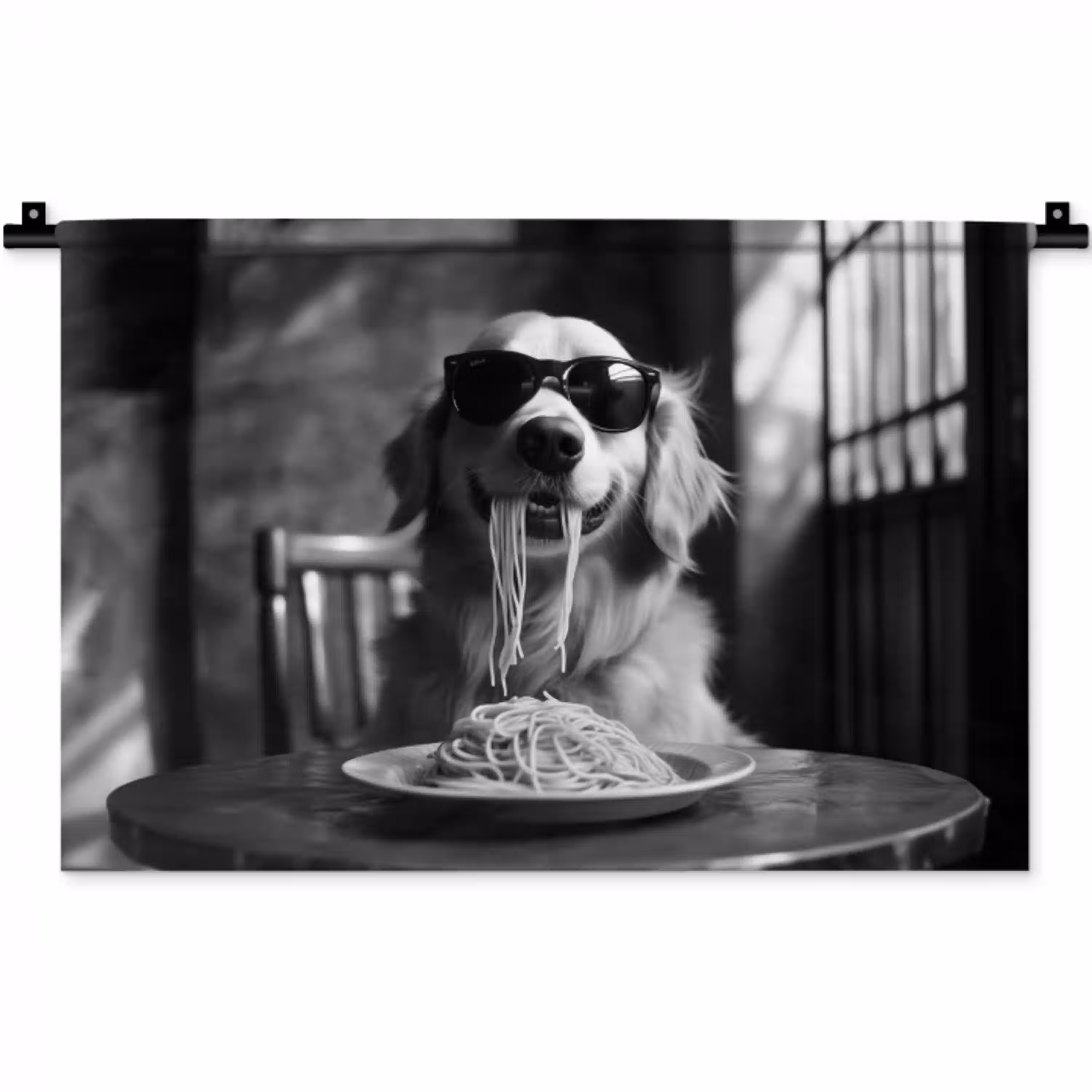 Golden Retriever - Hond - Vrolijk -  Bord spaghetti - Zwart - wit Wandkleed katoen klein -zz3d