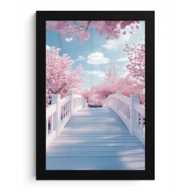Brug - Kersenbomen - Wit fotolijst zwart zonder passe partout klein -3d