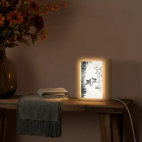 Eenden - Waterlelies - Riet - Zwart Light Box met kabel (Tafellamp) klein -sfeer4