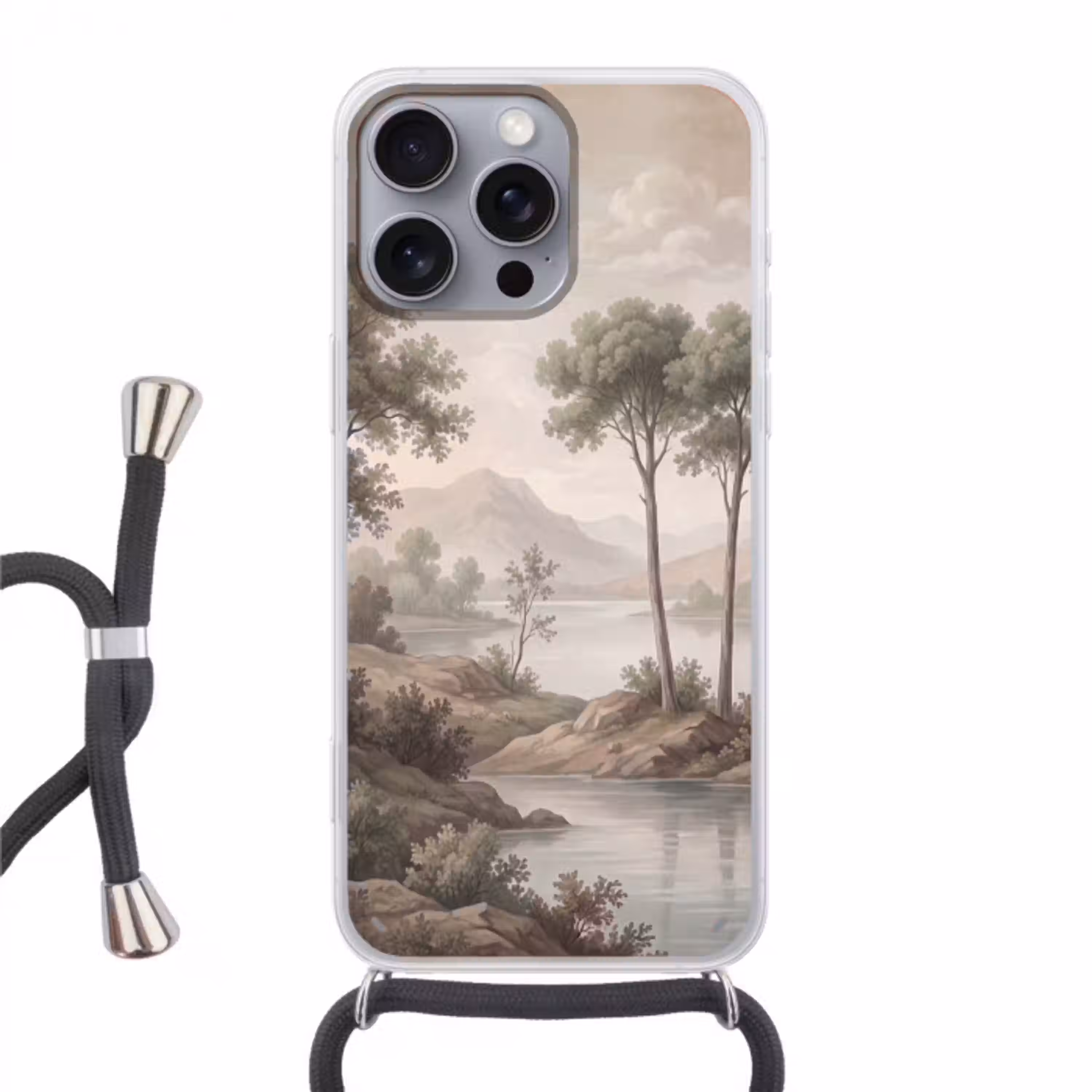 Bomen - Meer - Bergen - Illustratie Hoesje iPhone 16 Pro Max met koord klein -3d