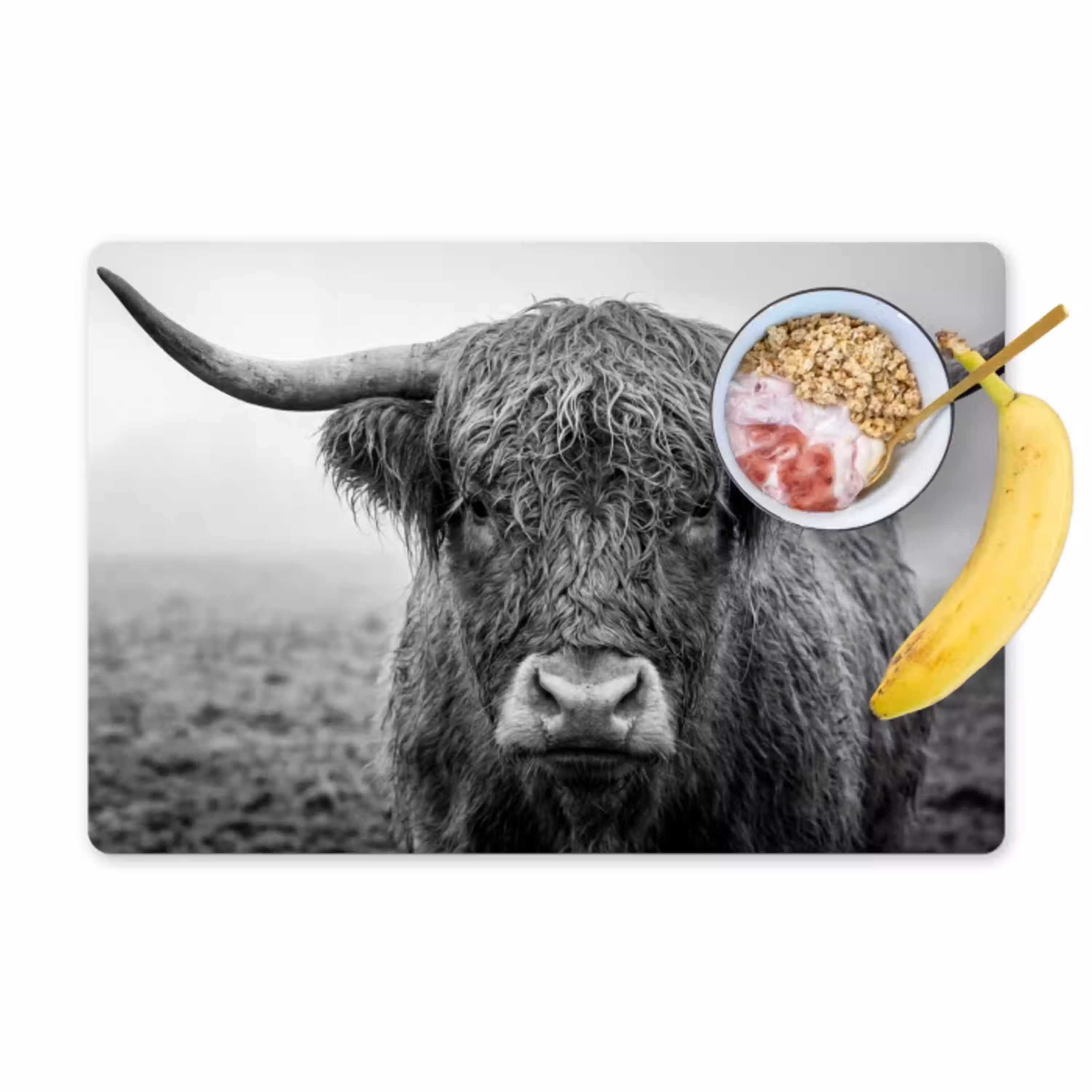 Schotse hooglander - Zwart - Wit - Gras Placemat vinyl groot -zzzproduct_Kitchenyeah-website