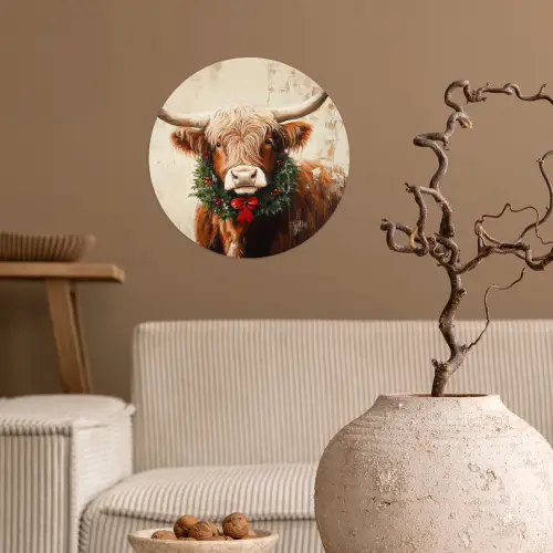 Kerst - Schotse Hooglander - Bruin - Krans Wandcirkel behangsticker klein -sfeer1