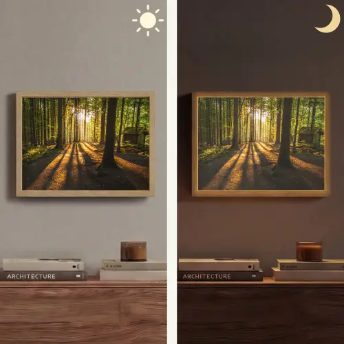 Zon - Bomen - Bos - Landschap - Natuur Light Box met batterij (Wandlamp) middel -sfeer3
