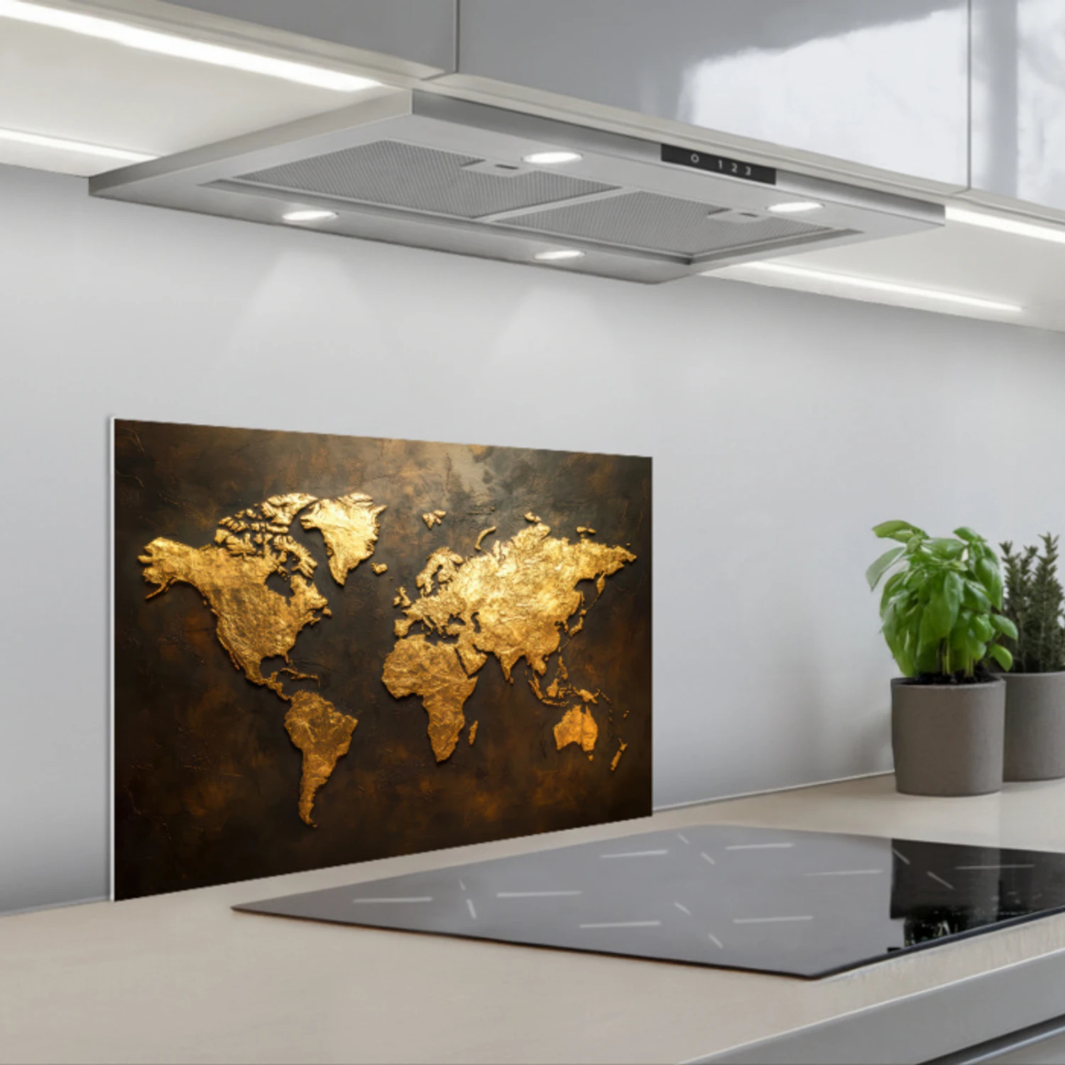 Kitchen splashback for hob - World map - Gold - Rust | Kitchenyeah.co.uk