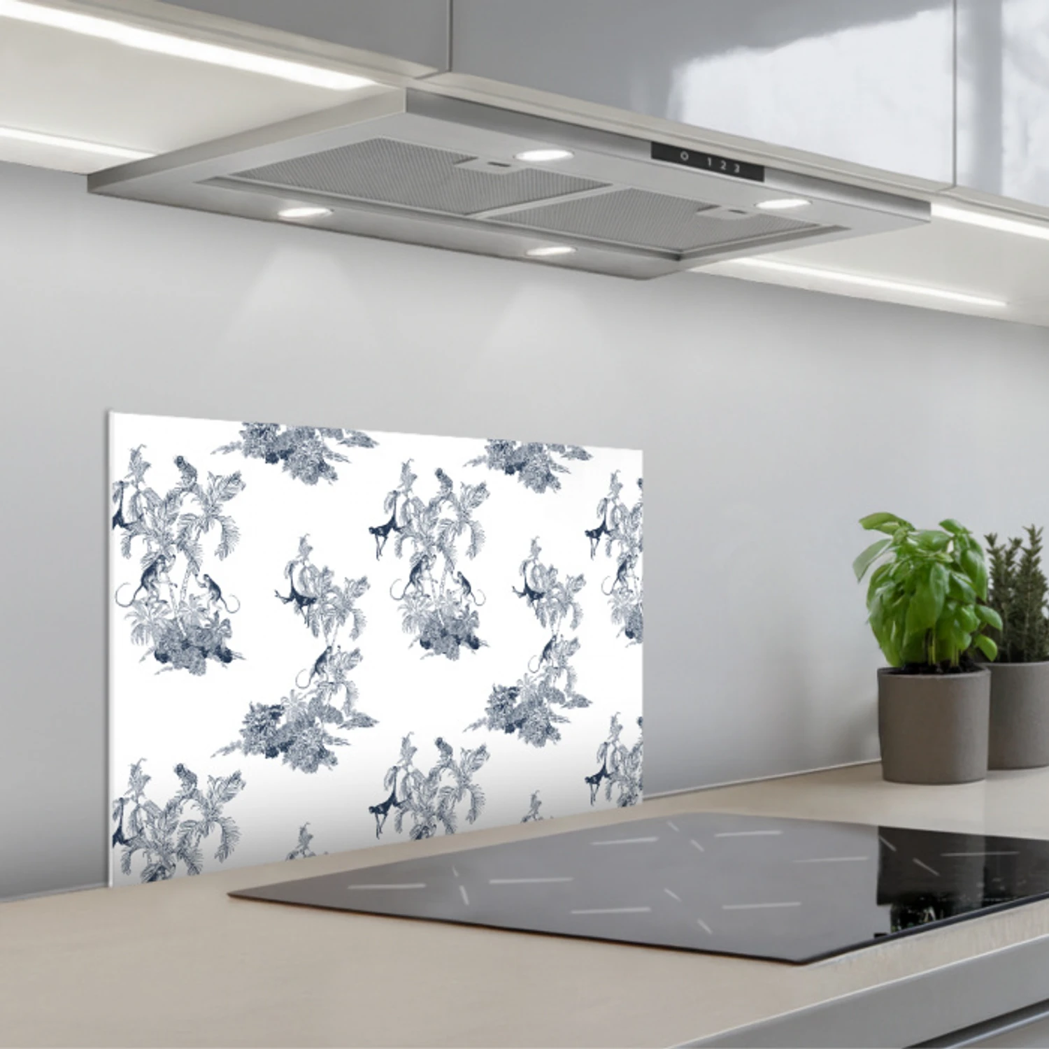 Aap - Palmboom - Blauw keuken achterwand spatscherm klein 900 -3d_schuin