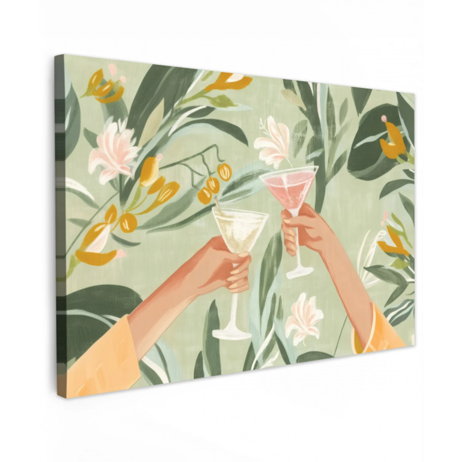 Glazen - Proosten - Bladeren - Groen Tuinposter op houten frame 2 cm dik klein -3d