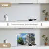 Huizen - Zee - Bomen - Bloemen keuken achterwand spatscherm klein -voor_na_NL