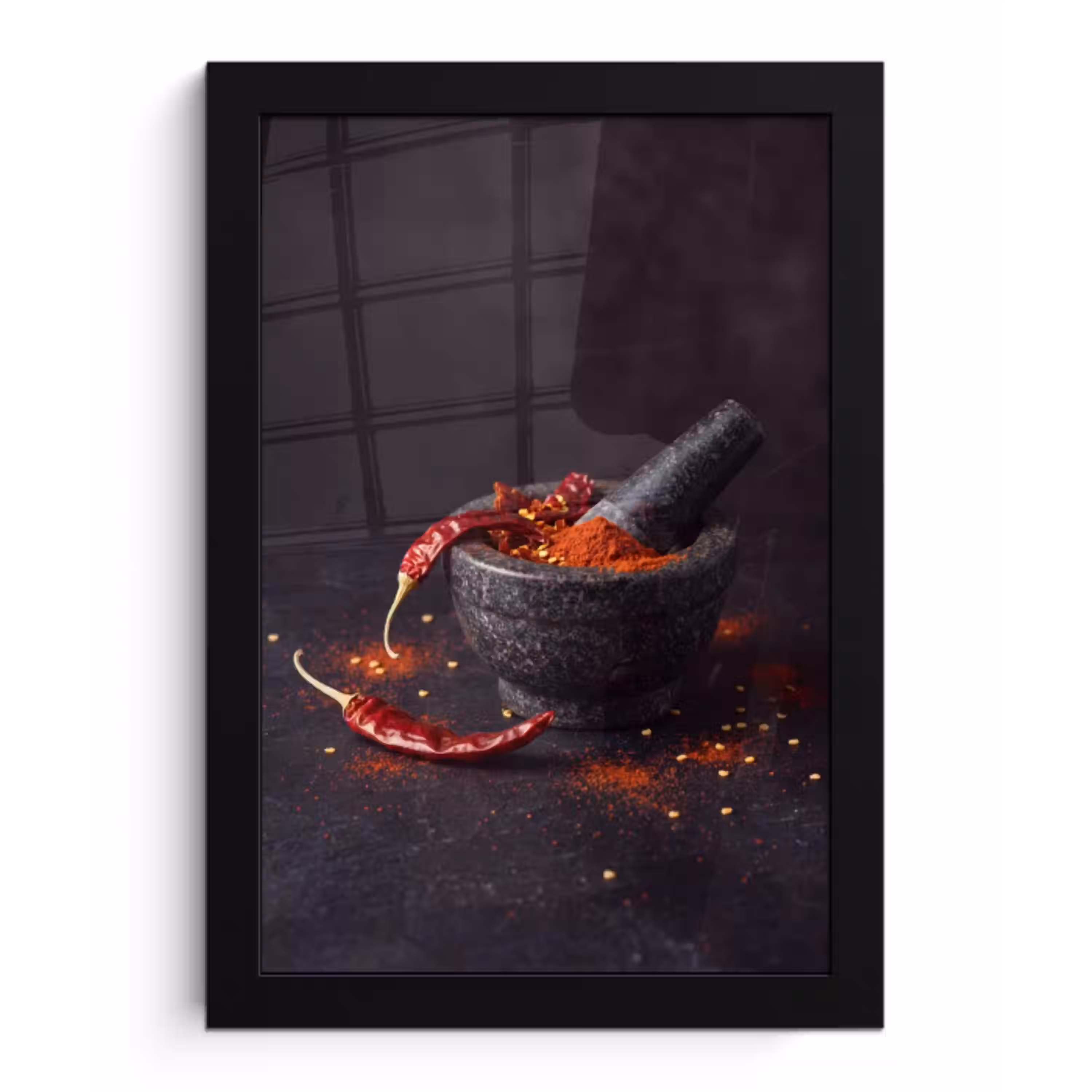 Specerijen - Vijzel - Rood fotolijst zwart zonder passe partout klein -3d