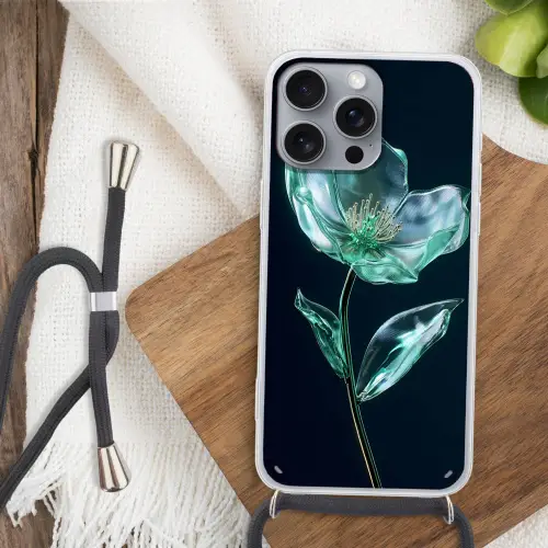 Bladeren - Bloem - Glazen - Donkerblauw Hoesje iPhone 16 Pro Max met koord klein -sfeer4
