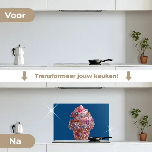 Ijsje - Hoorntje - Steentjes - Blauw keuken achterwand spatscherm klein -voor_na_NL