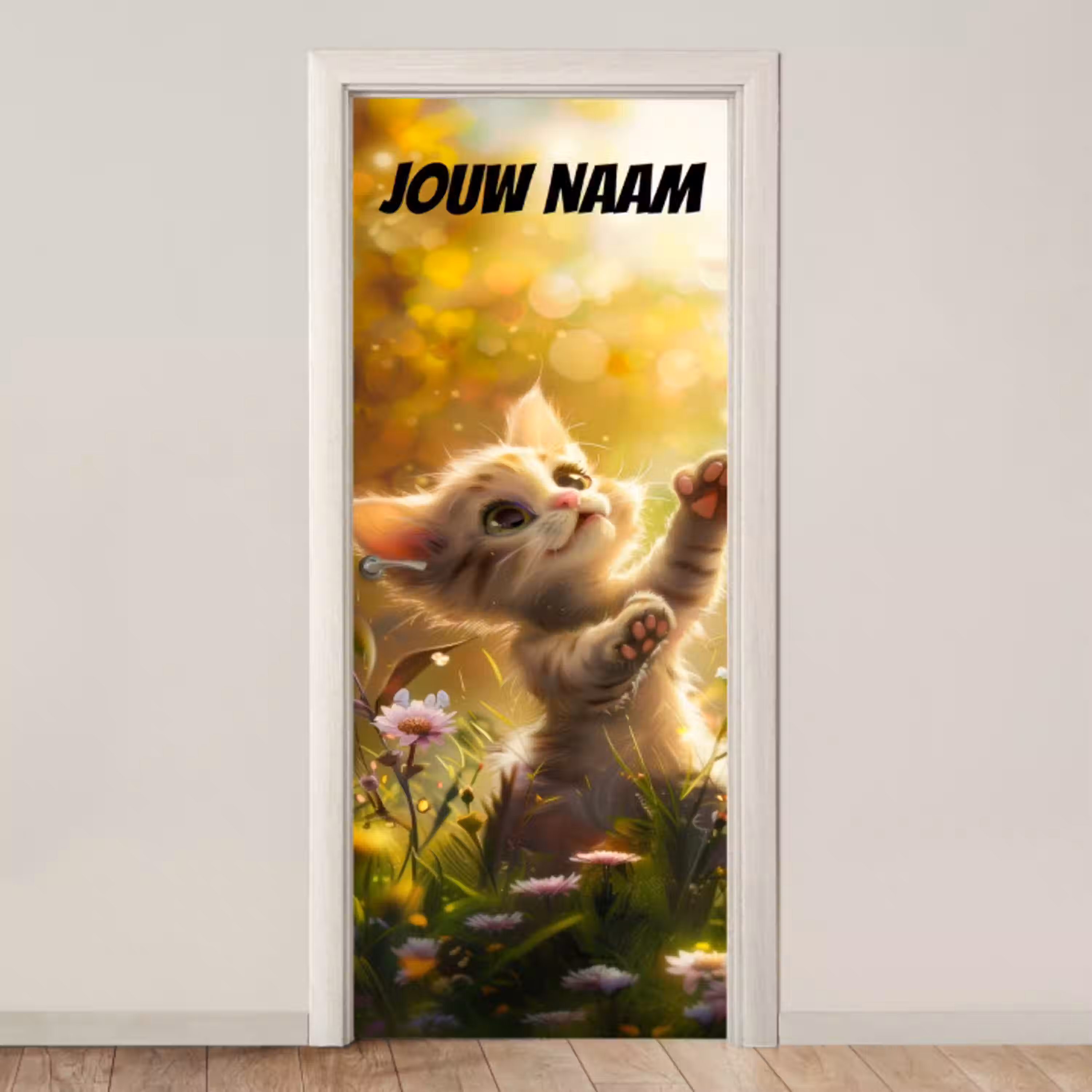 Schattig kitten in bloemenveld met de tekst “Deze kamer is van: jouw naam”. deurposter klein -3d_beige