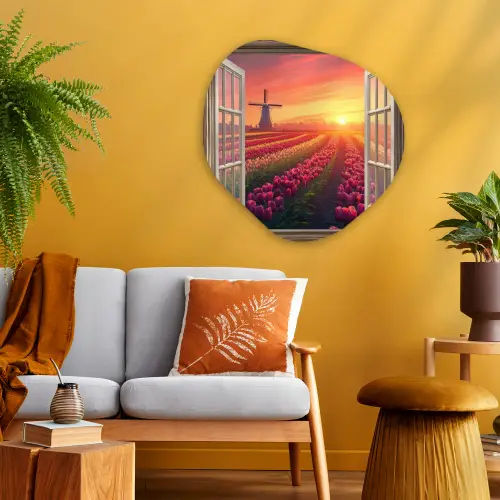 Doorkijk - Tulpen - Zonsondergang - Bloemen - Kleurrijk Wandcirkel Organisch Plexiglas middel -sfeer4