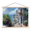 Huizen - Zee - Bomen - Bloemen textielposter latten blank klein -3d