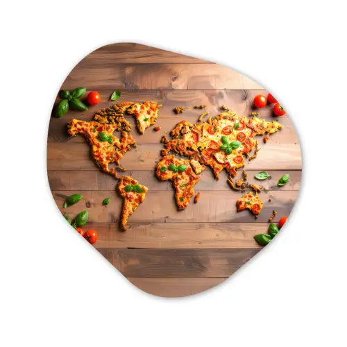 Wereldkaart - Pizza - Houten ondergrond Wandcirkel Organisch Plexiglas middel -3d