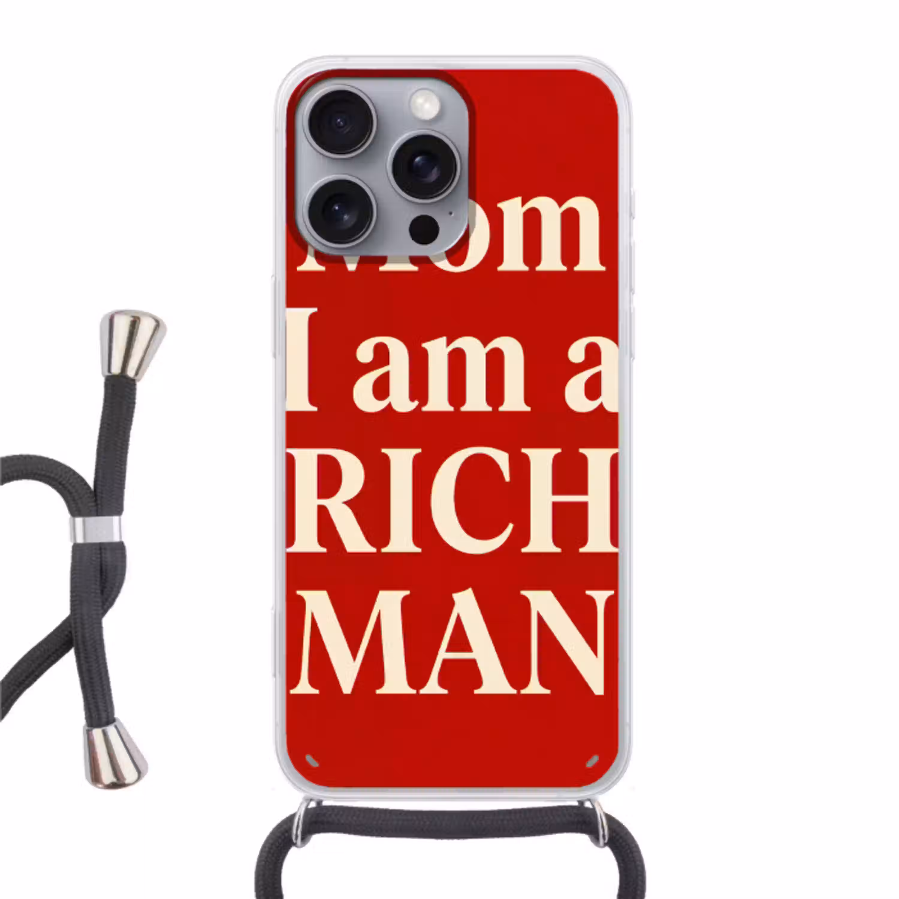 Tekst - Rijkdom - Motivatie - Rood - Modern Hoesje iPhone 16 Pro Max met koord klein -3d