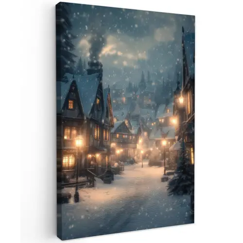 Winterdorp - Sneeuw - Donker Tuinposter op houten frame 2 cm dik klein -3d