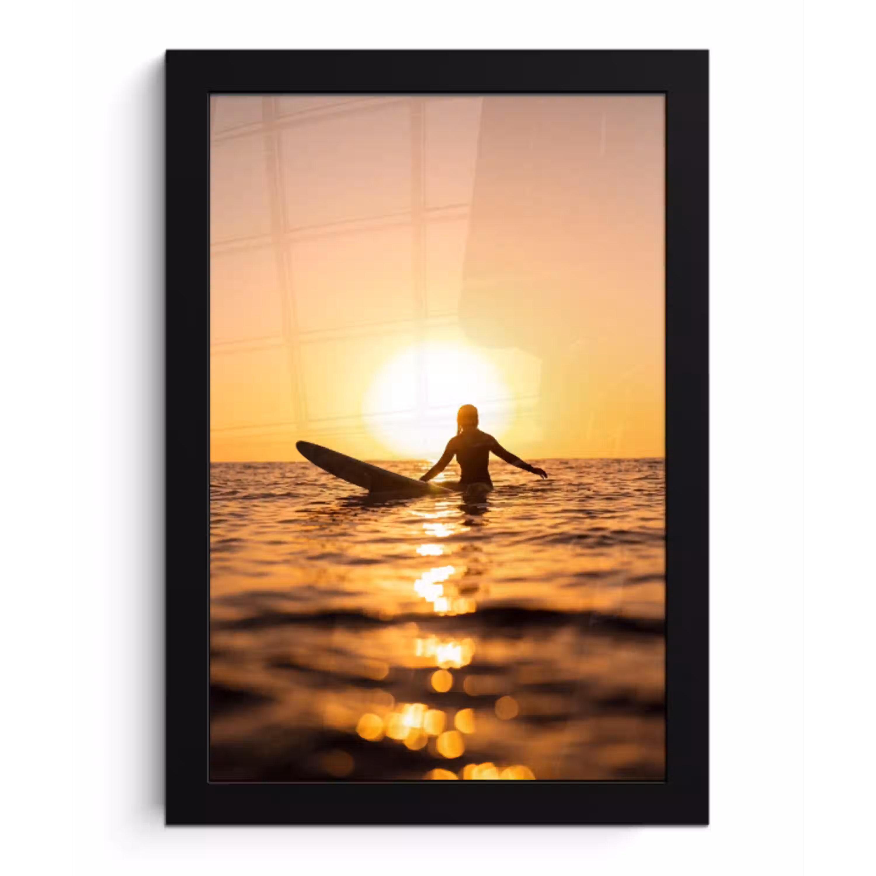 Persoon - Surfen - Zonsondergang - Zee - Oranje fotolijst zwart zonder passe partout klein -3d