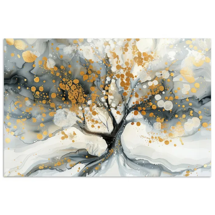 Boom - Modern - Abstract - Goud - Zwart - Wit poster papier klein -3d