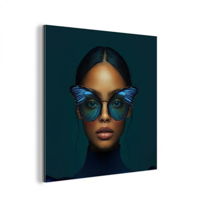 Vrouw - Vlinder - Bril - Blauw - Modern - Portret aluminium wit klein -3d