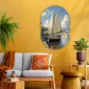 Zeilschip - Huizen - Kade - Zee Wandcirkel Ovaal Glas middel -sfeer4