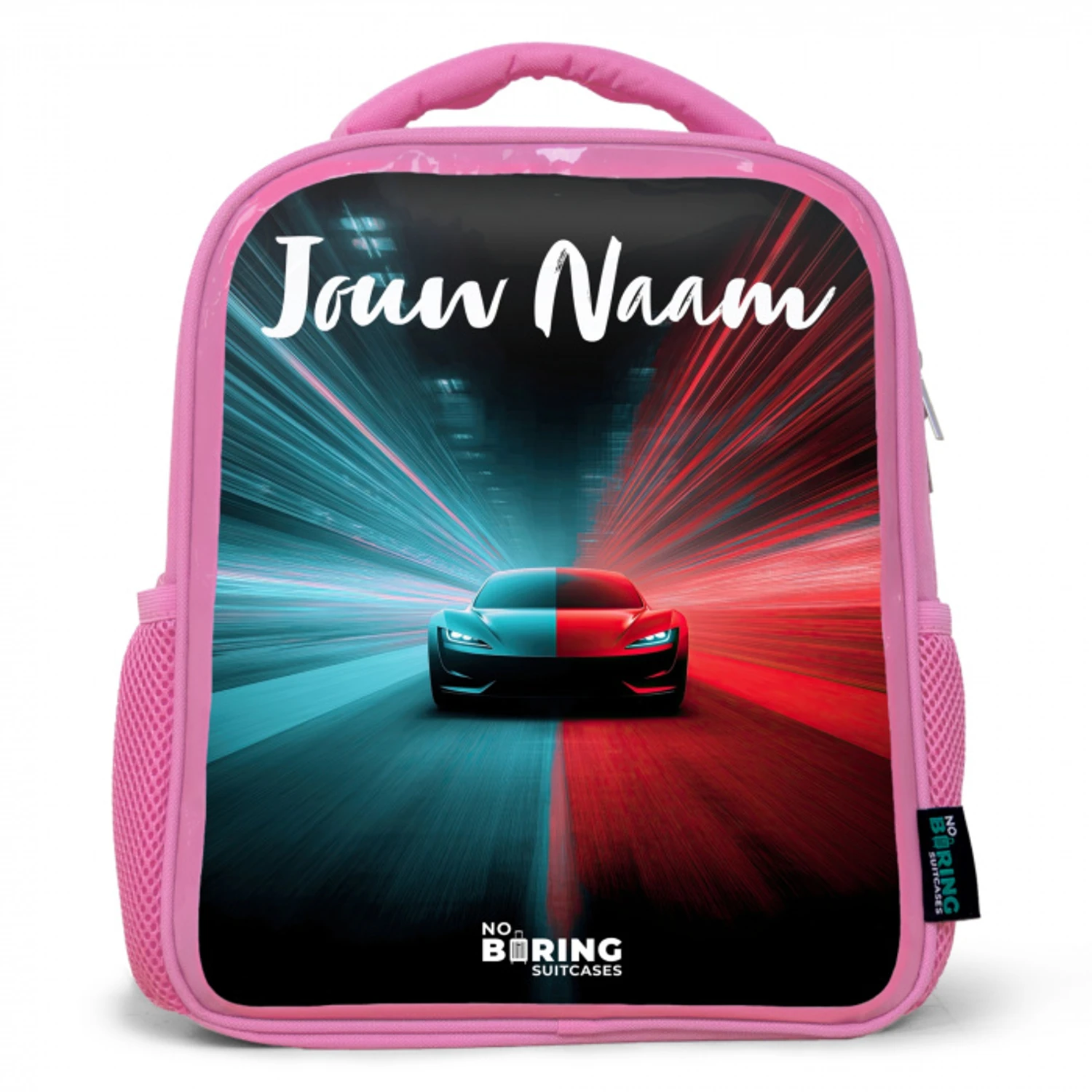 Sportauto - Blauw - Neon - Stad Kinderrugzak - Roze middel -3d