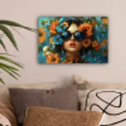 Vrouw - Bloemen - Oranje - Blauw - Modern canvas 2cm klein -sfeer1