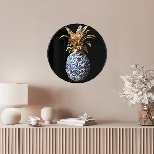 Ananas - Bloemen patroon - Goud - Delftsblauw Fotolijst rond zonder passe partout klein -sfeer3