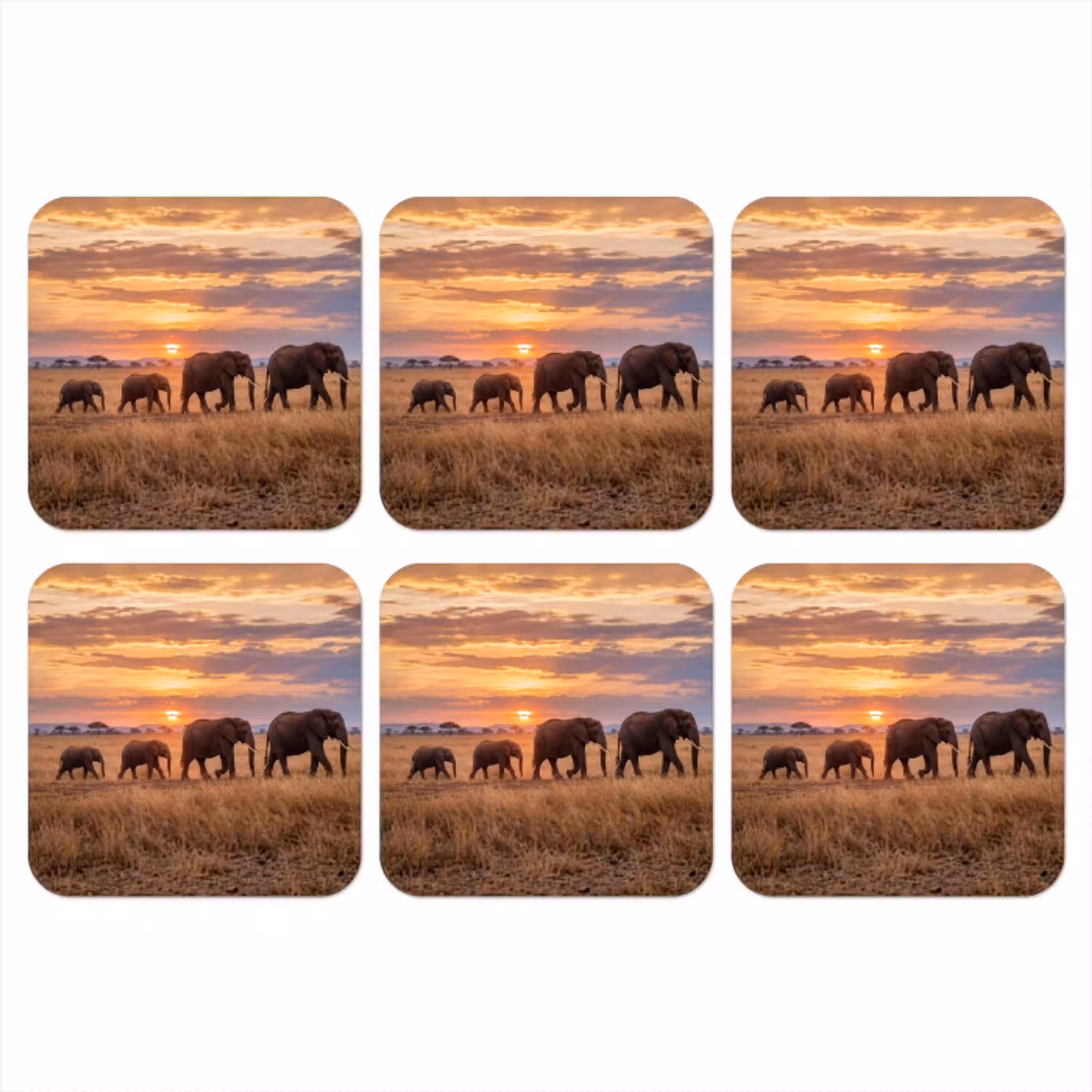 Olifanten - Savanne - Zonsondergang - Afrika - Warm onderzetter kurk middel -3d