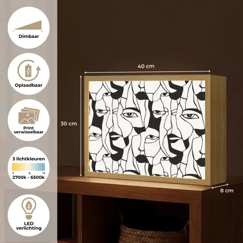 Lijnen - Gezichten - Zwart - Wit Light Box met batterij (Wandlamp) middel 907 -USP_websiteoverzichtNL