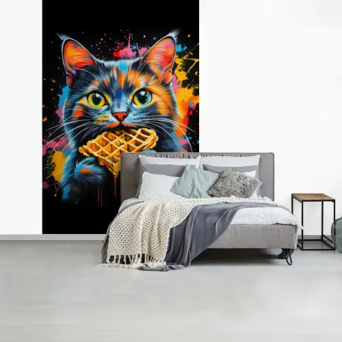 Kat - Graffiti - Kleurrijk - Wafel - Eten fotobehang vinyl groot -slaapkamer