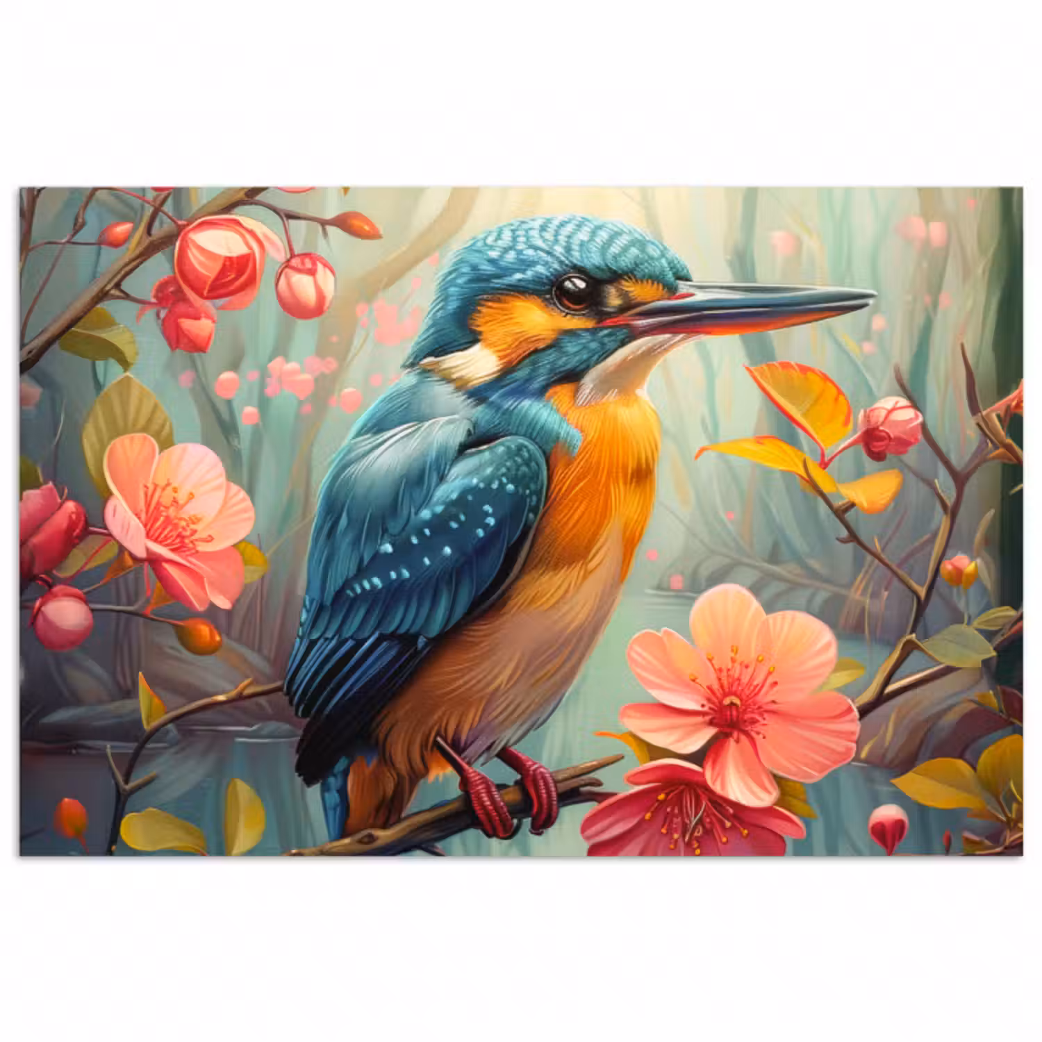 Poster - Eisvogel - Blüte - Natur - Vögel - Blumen