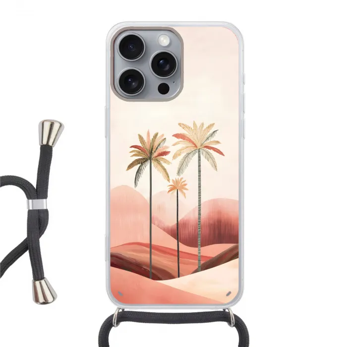 Palmbomen - Heuvels - Minimalistisch - Zachtroze Hoesje iPhone 16 Pro Max met koord klein -3d