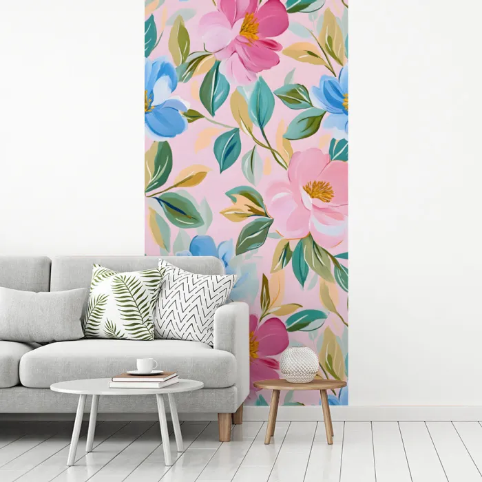 Blauw - Roze - Bloemen fotobehang vinyl groot -woonkamer