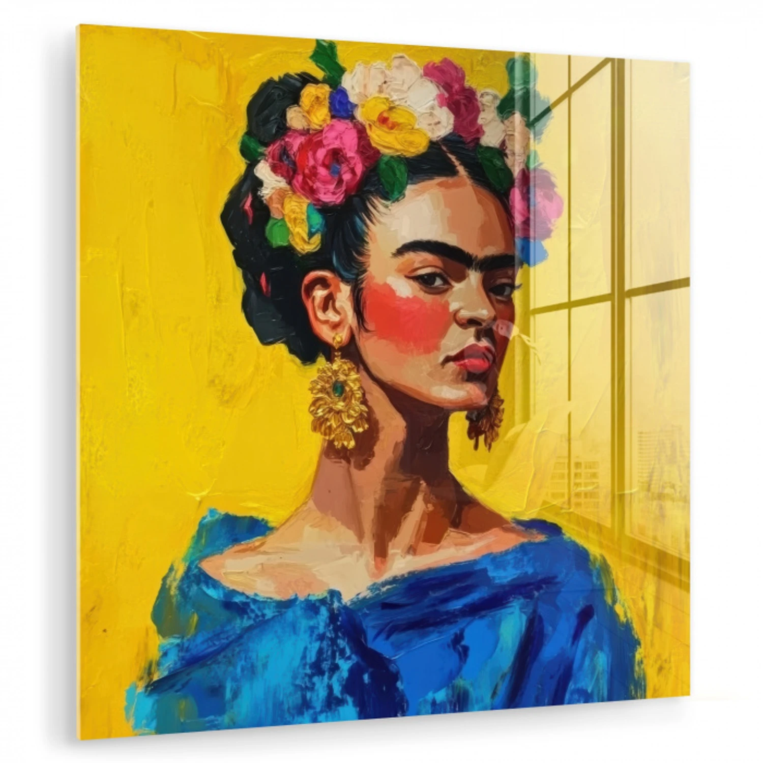Frida Kahlo - Vrouw - Geel - Blauw - Bloemen plexiglas 5mm klein -zzzproduct_nieuw