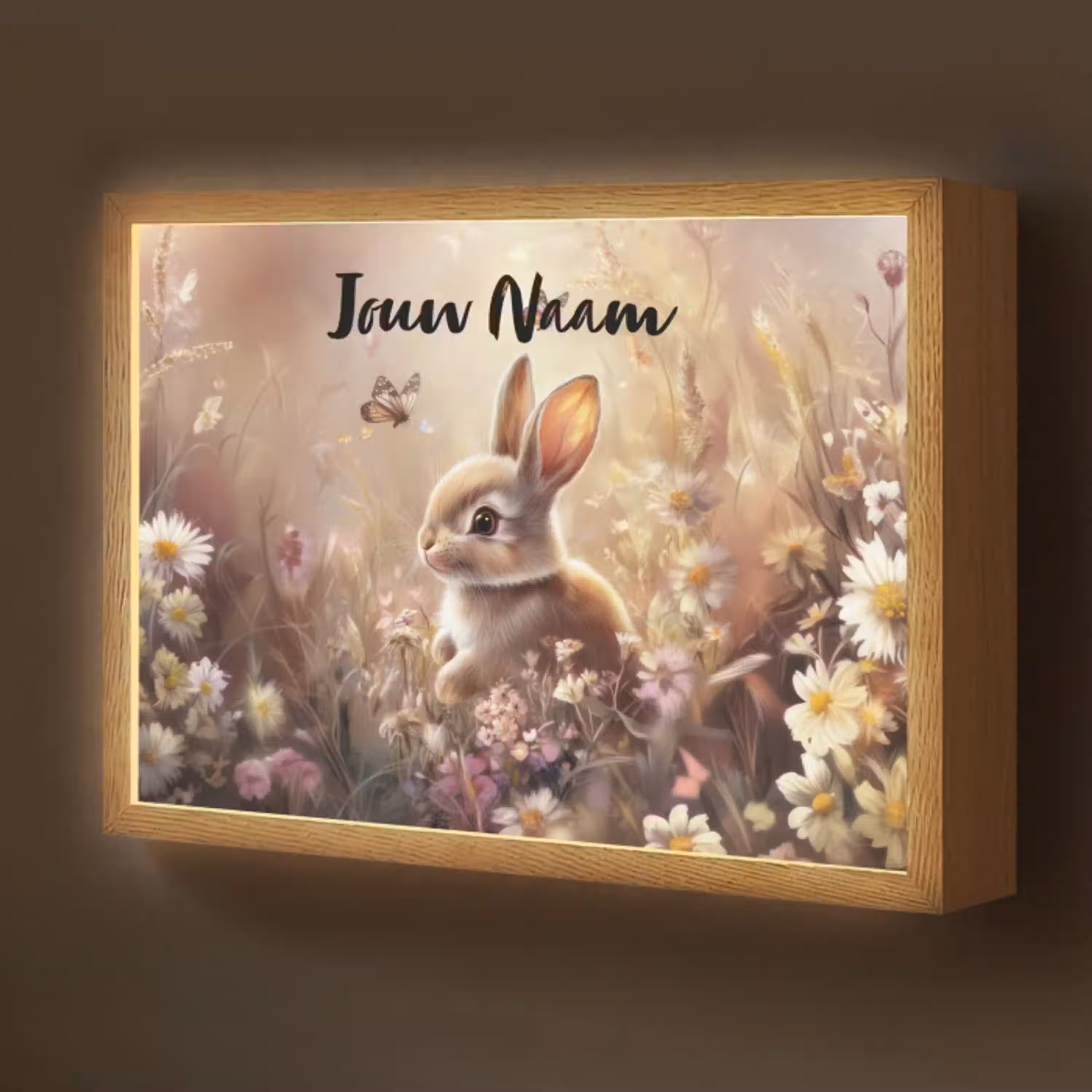 Konijntje - Bruin - Bloemen - Vlinders Light Box met batterij (Wandlamp kind) middel -z3d_website