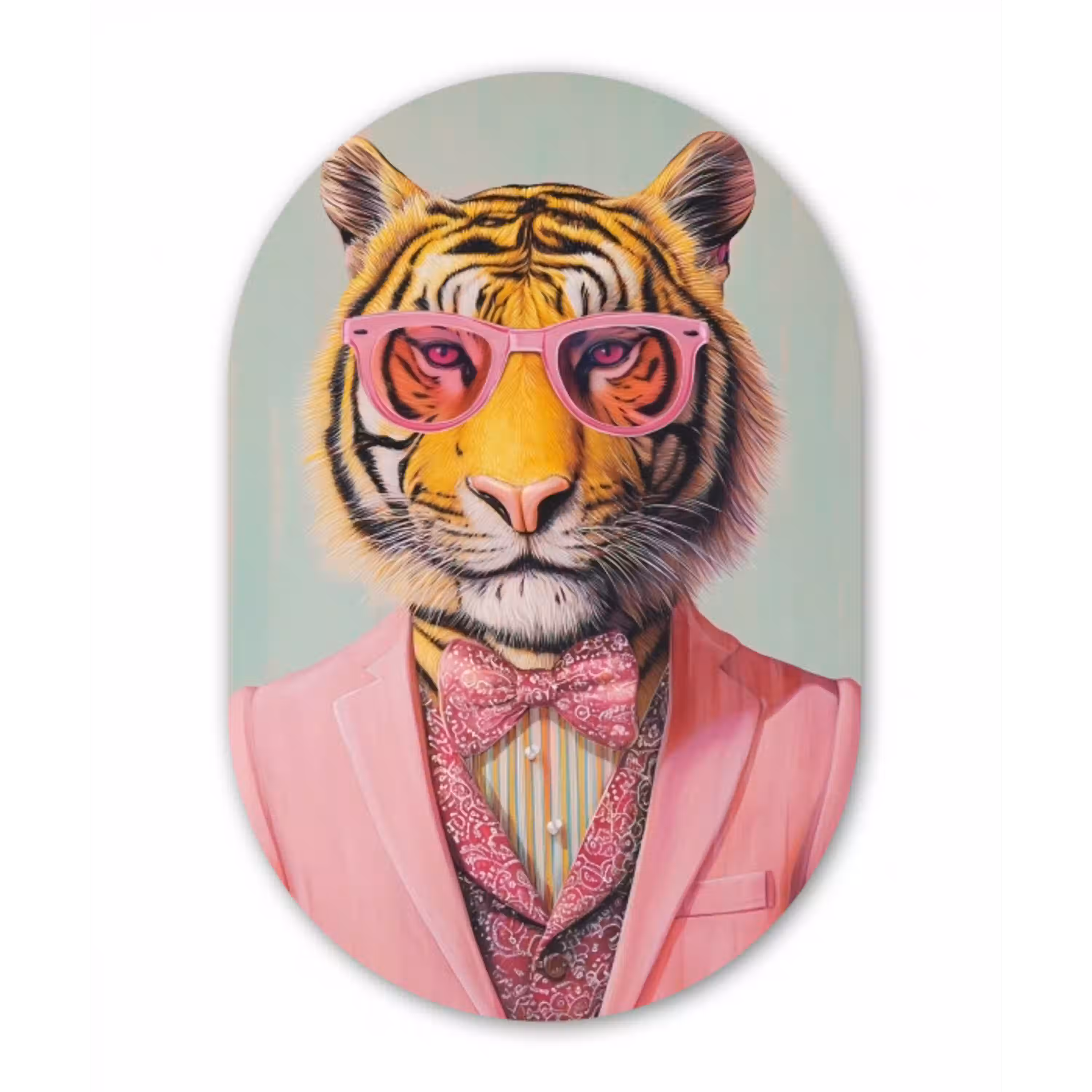 Tijger - Strik - Jasje - Roze Wandcirkel Ovaal Glas middel -3d