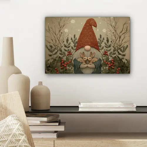 Kerstgnome - Konijntjes - Kleurrijk canvas 2cm klein -sfeer6