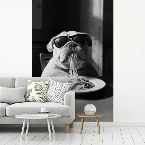 Hond - Bulldog - Pasta - Bril - Stoer - Dieren fotobehang vinyl groot -woonkamer