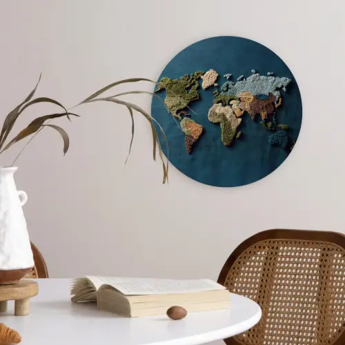 Wereldkaart - Geborduurd - Verschillende tinten Wandcirkel plexiglas klein -sfeer4